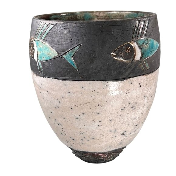Raku Pottery Fish Vase Teal Black Glazed Textured Iridescent Artistic Signed - Picture 5 of 12